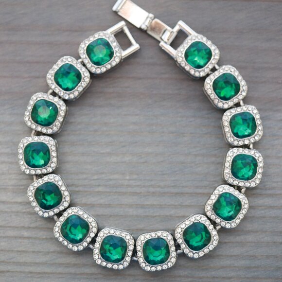 Moissanite Diamond Dainty Square Chain Dangling David Star  12.5mm Green Square Halo Diamond Chain Rhinestones Bracelet Silver Plated